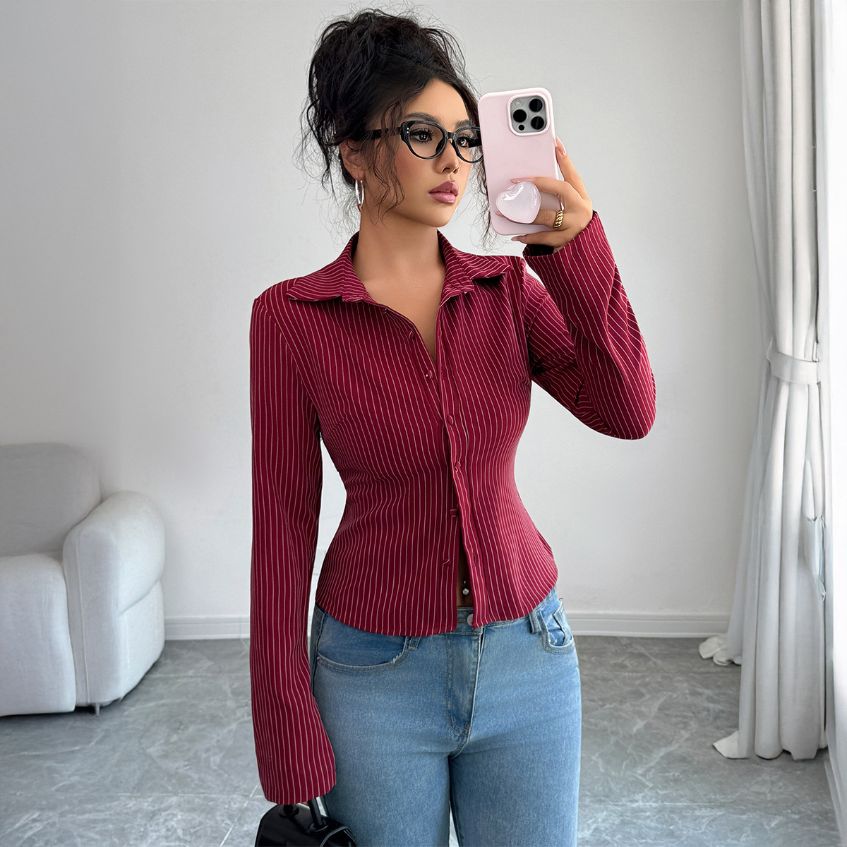 Winter Clothing Types - Kemeja Cardigan Bergaris Lengan Panjang Kasual