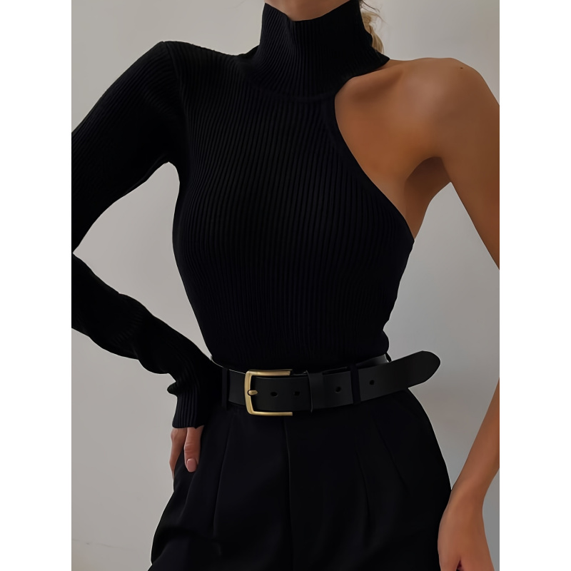 Winter Clothing Women'S - Bodysuit Rajut Rib Asimetris Satu Bahu