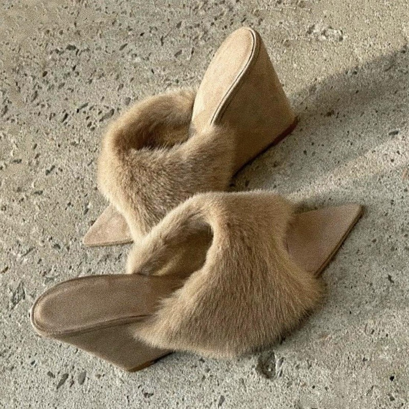 Sandal Wanita Bulu Wedges Plat - Winter Clothing Women'S ulasan dan harga